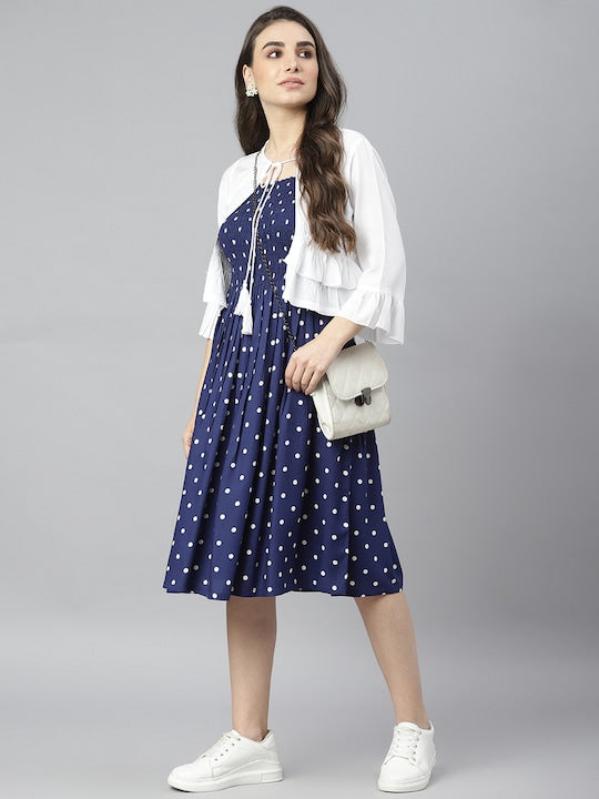 Blue Polka Dress With-Ruffled Shrug Blue Polka Dress With-Ruffled Shrug