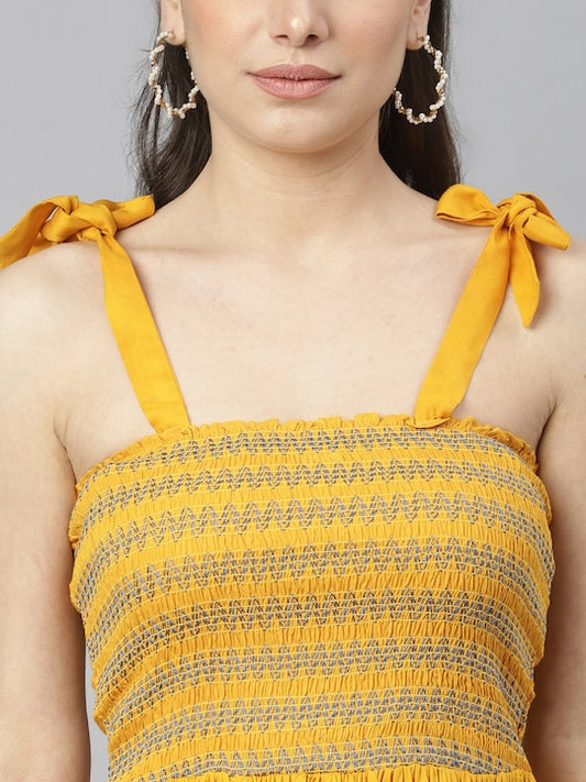 Women's Mustard Smocked Fit & Flared Midi Dress