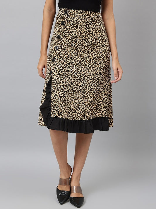 Women's Brown Black Animal Printed Polyester A-Line Skirt