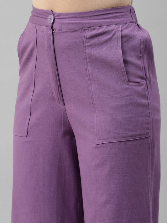 Solid Lavender Cotton Pants With Pockets