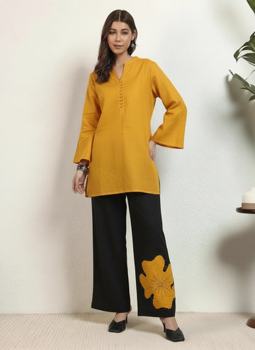 Cotton Floral Patch Work Women Co-Ord Set Flex Kurta with Ankle Length Pant V-Neck Two Piece Dress