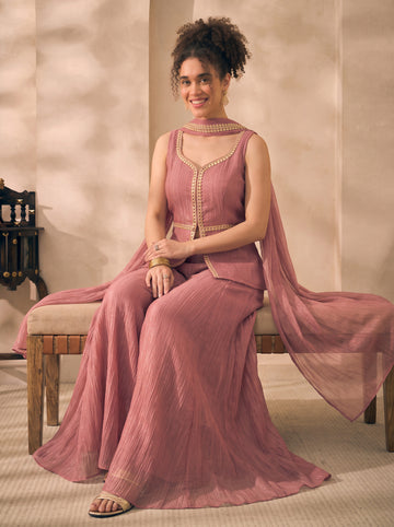 Pink Shimmer Solid Corset Top & Palazzo With Dupatta Women 3 Piece Set
