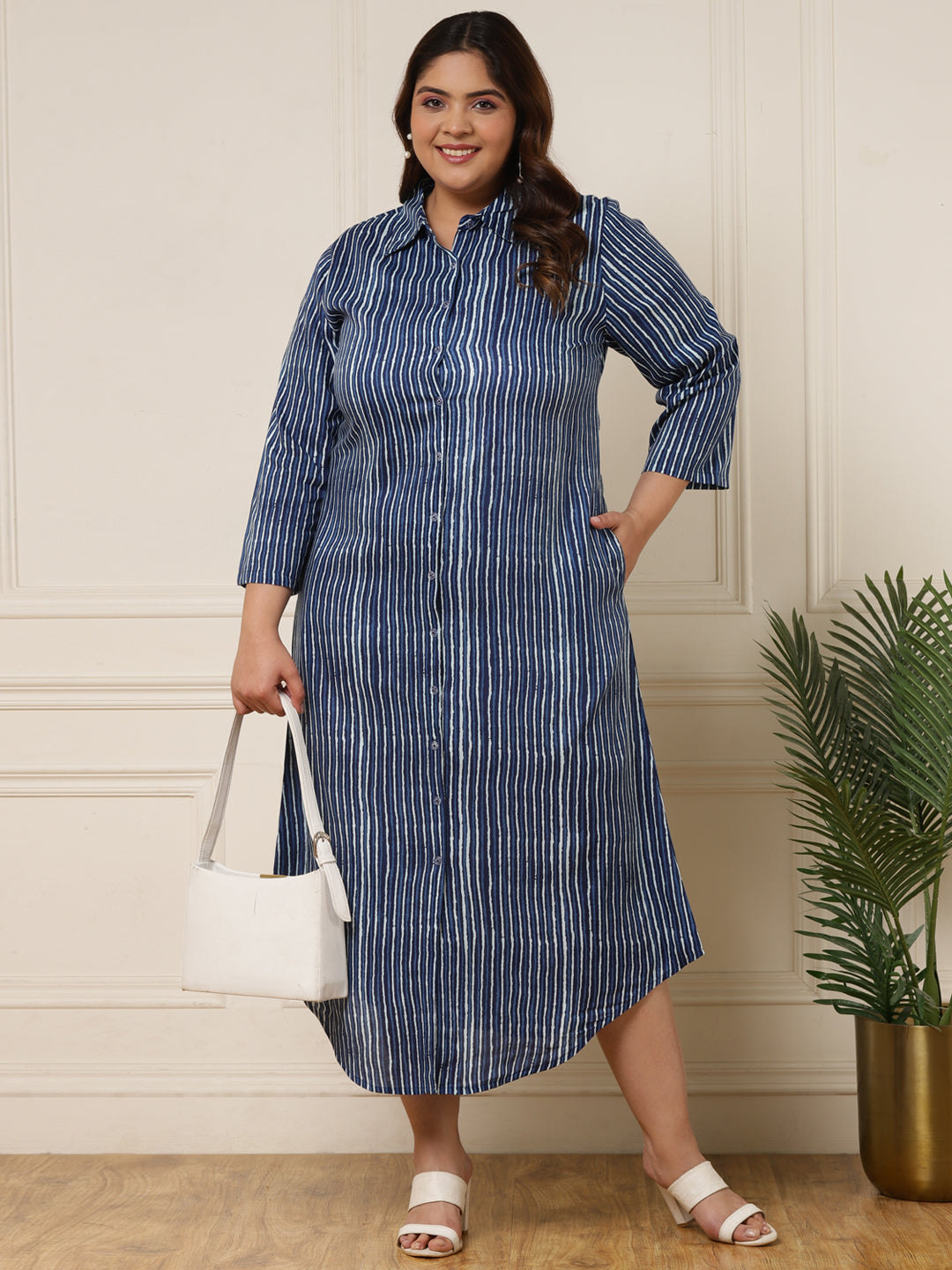 Blue Striped Viscose Rayon Women's Plus Size Shirt Dress