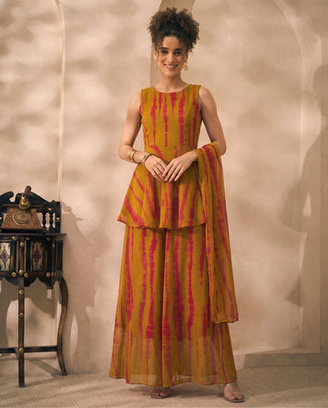 Olive Tie Dye Chiffon Peplum Top With Palazzo & Dupatta Indo Western 3 Piece Women Set