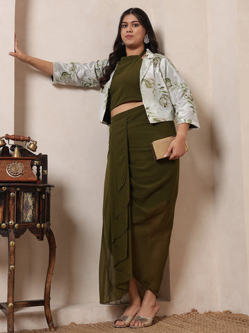 Olive Green Embroidered Shurg With Inner Halter Neck Top With Dhoti Skirt Women Indo Western 3 Piece Set
