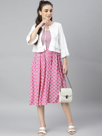 Pink Printed Midi Fit Flare Dress