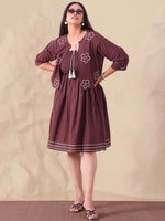 Brown Pure Cotton Smocked Dress With Embroidered Shrug