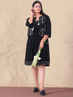 Black Pure Rayon Smocked Dress With Embroidered Shrug