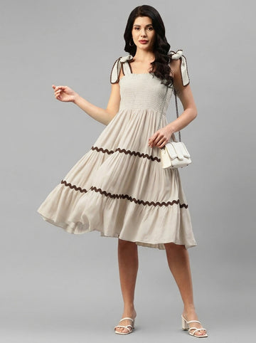 Off White Solid Cotton Tiered Women's Dress