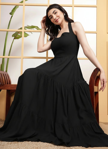 Black Solid Halter Neck Tiered Women's Plus Size Maxi Dress