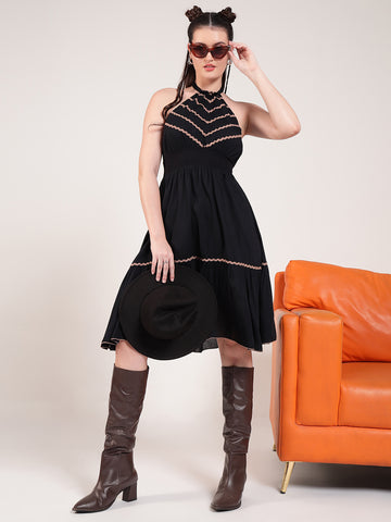 Black Halter Neck Women Tiered Dress