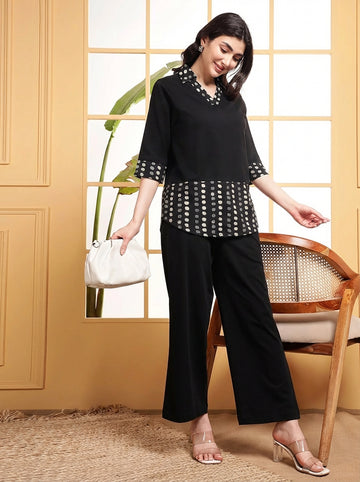Cotton Black Solid With Polka Dots Shirt Style T-Shirt Women Co-Ord Set
