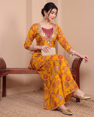 Floral Print Multicolor CHiffon Deep Neck Kurta & Inner Crop Top With Sharara Women's 3 Piece Set