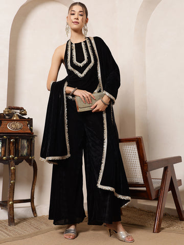 Black Velvet Top With Palazzo With Dupatta Indo Western Women 3 Piece Set