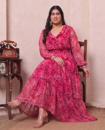 Chiffon Abstract Print Magenta Tiered Women Plus Size Maxi Dress