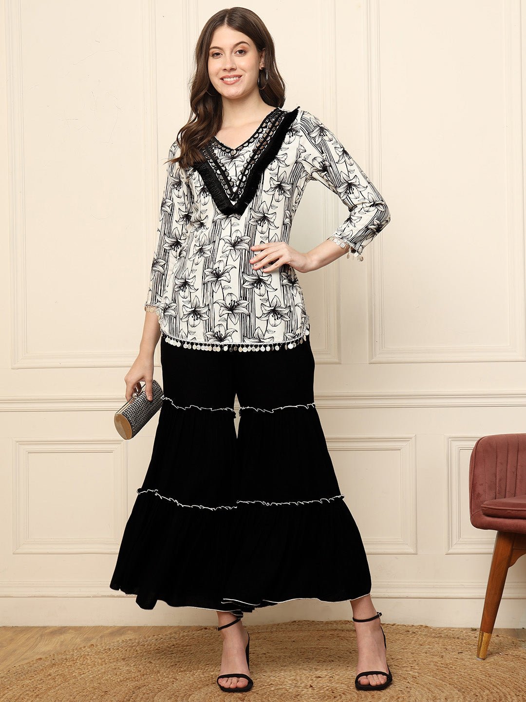 Black Floral Kurti With Sharara Women Coord Set