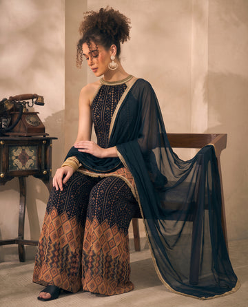 Halter Neck Bandhani Border Chiffon Kurta With Palazzo With Dupatta Indo Western Women's 3 Piece Set