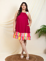 Magenta With Printed Halter Neck Tiered Short Women Plus Size Dress