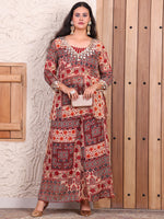Maroon Patch Printed Pure Chiffon Lurex Indo Western Women Co-ord Set