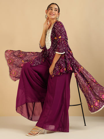 Wine Bandhani Printed Peplum Top & Sharara With Dupatta Fusion Women Co-Ord Set