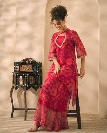 Magenta Floral Print Chiffon Kurta & Palazzo With Bustier Indo Western Women 3 Piece Set