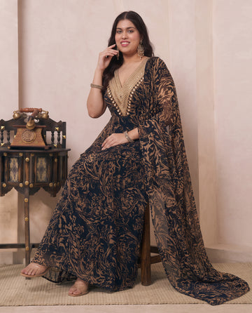 Black Abstract Printed Chiffon Peplum Top & Palazzo With Dupatta Indo Western Women's Plus Size 3 Piece Set