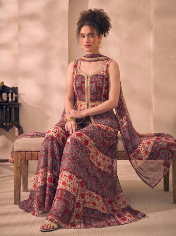 Multi Patch Floral Chiffon Lurex Corset Top & Palazzo With Dupatta Women 3 Piece Set