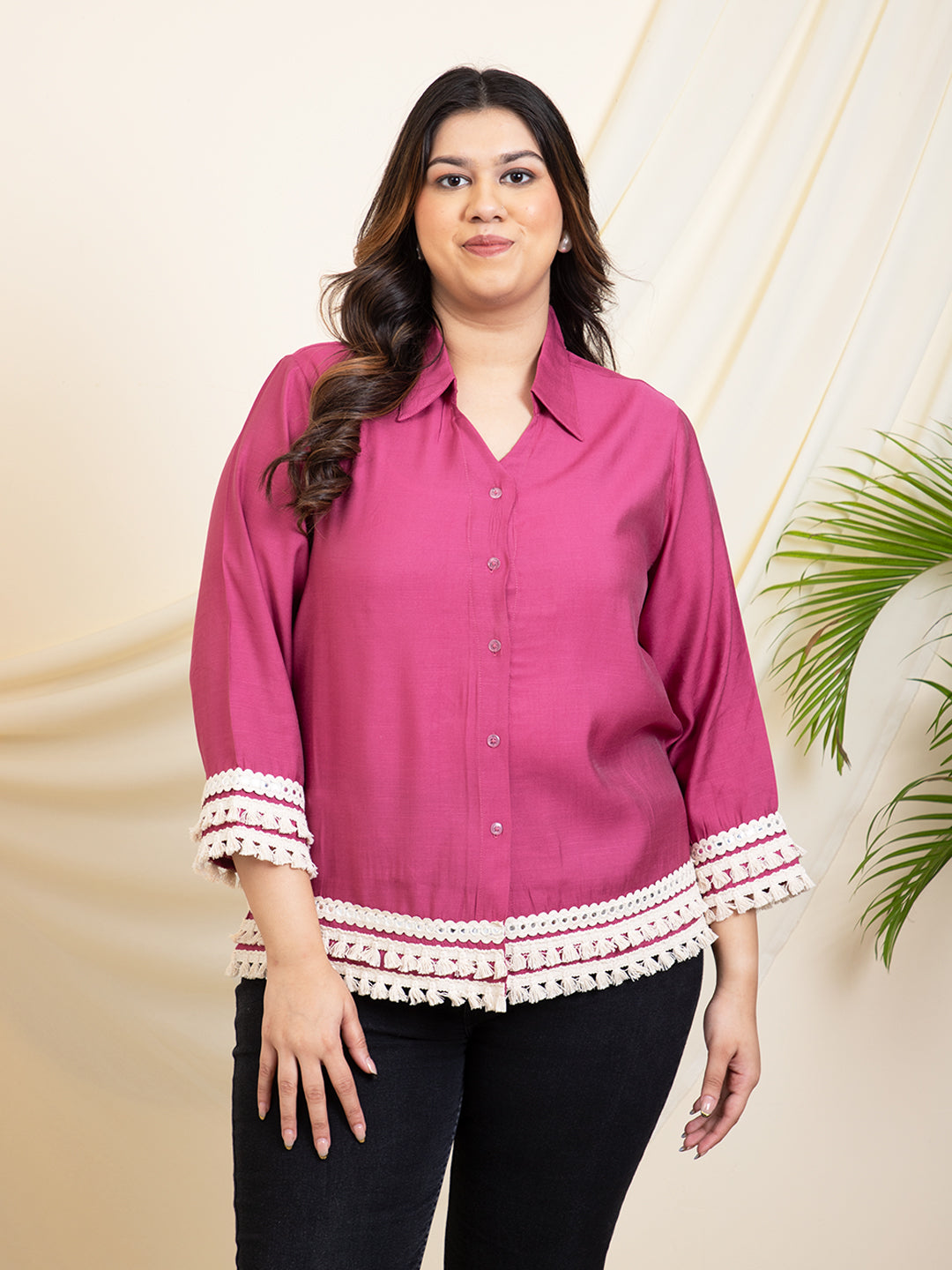 Lace Detailed Lavender Women Plus Size Shirt