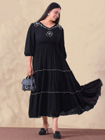 Embroidered Black Pure Rayon Women Maxi Tiered Dress