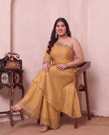 Golden Shimmer Crushed Butti Work One Shoulder Tunic With Palazzo Plus Size Indo Western Women Co-ord Set
