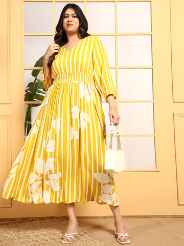 Yellow Striped Placement Print A-Line Women's Plus Size Dress
