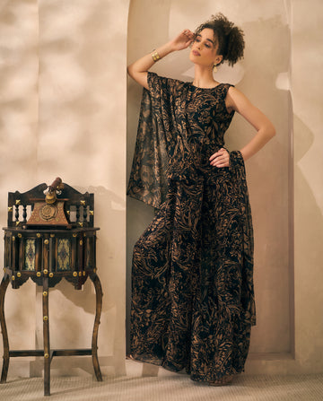 Black Abstract Printed Chiffon Peplum Top With Palazzo & Dupatta Indo Western 3 Piece Women Set