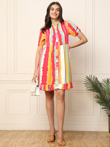 Multi Striped Women Knee Length Shirt Dress