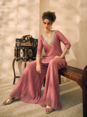 Pink Shimmer Solid Kurta With Palazzo Women Co-Ord Set
