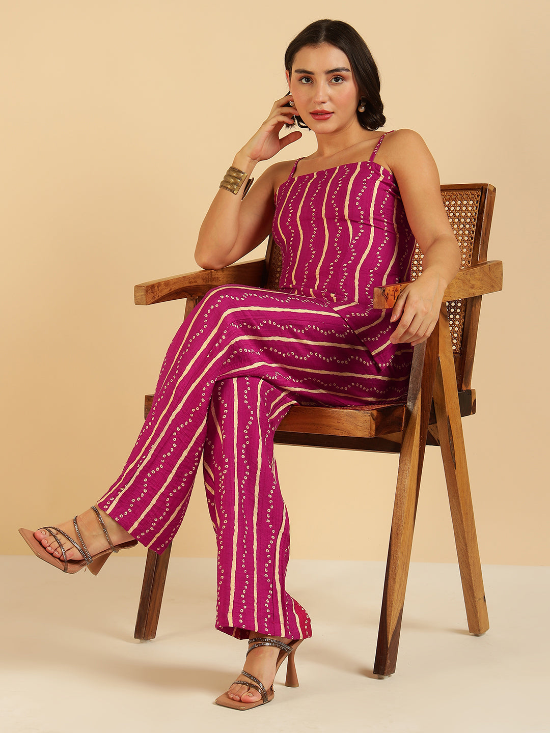Magenta Bandhani Printed Top & Sharara Fusion Co-Ord Set For Women