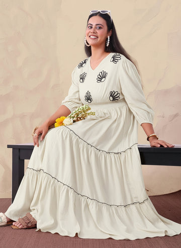 Off White Pure Cotton Embroidered Tiered Maxi Dress