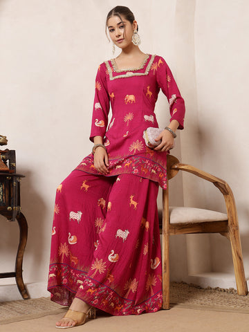 Magenta Animal Printed Kurti With Palazzo Indo Western Women Co-Ord Set
