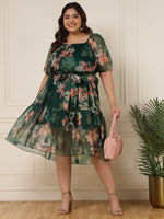 Women's Plus Size Bottle Green Floral Printed Women Tiered Dress