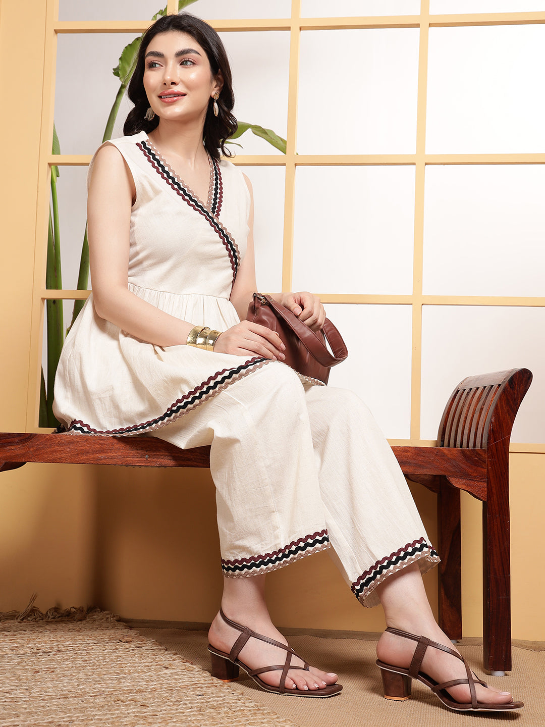 Off White Peplum Top With Pants Women's Co-Ord Set