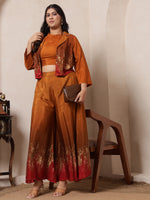 Mustard Tie Dye Printed Shrug With Halter Neck Crop Top With Sharara Women Indo Western Women 3 Piece Set