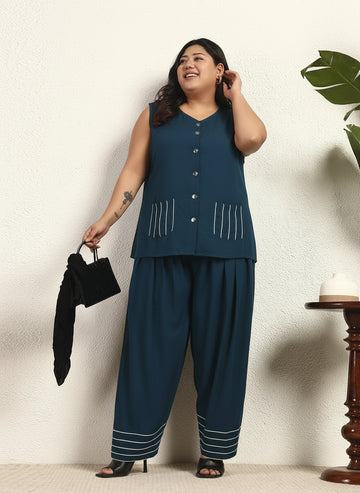 Teal Viscose Rayon Solid Embroidered Top With Salwar Pant Women Plus Size Co-Ord Set