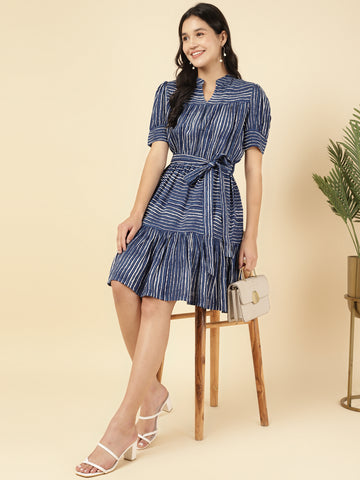 Blue Striped Tiered Women Dress