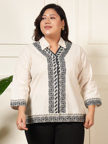 Cotton Off White Border Patch Women Plus Size Shirt