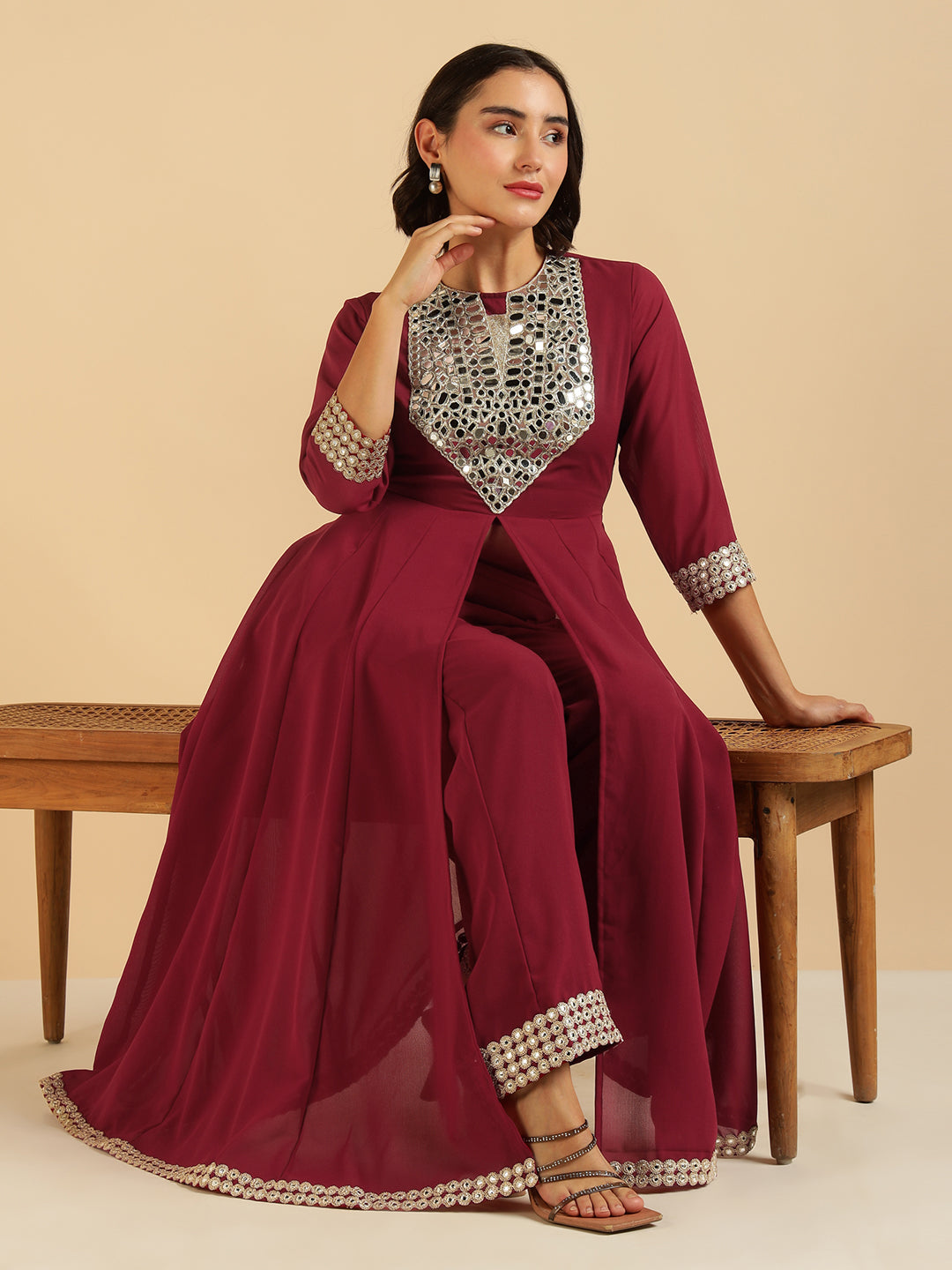 Maroon Georgette Embroidered Tunic & Palazzo Fusion Women Co-Ord Set