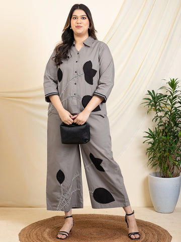 Grey Shirt With Pants Leaf Patch Work Women Plus Size Co-Ord Set