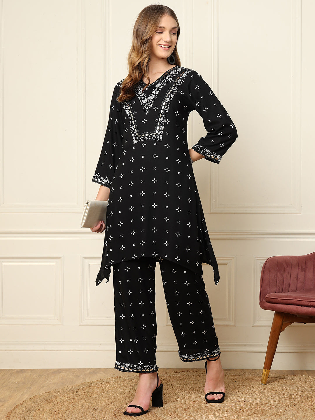 Black Motif Printed Kurta With Palazzo Ethnic Women Co-Ord Sets