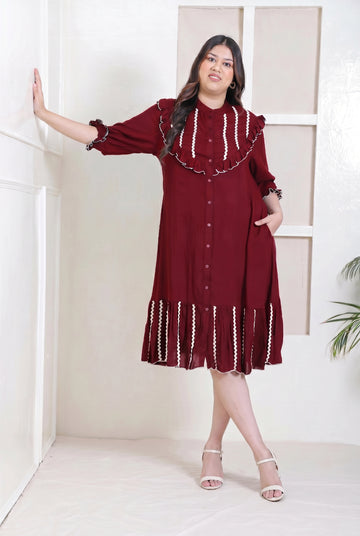Maroon Solid Rayon Tiered Women's Plus Size Dress