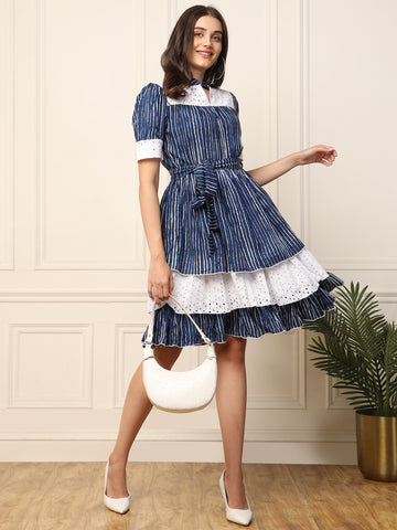 Indigo Striped With Schiffli Embroidered Tiered Layered Women Dress