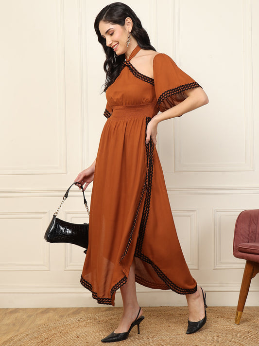 Tan Brown Halter Neck With Bell Sleeve A-Line Slit Dress