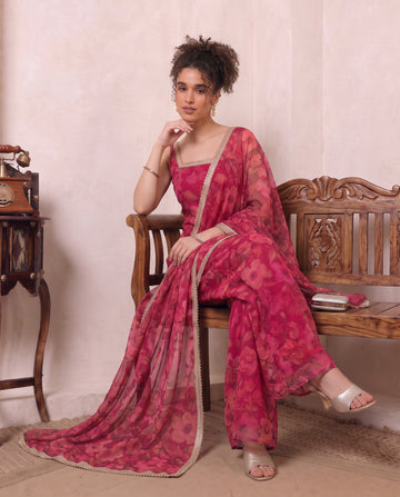 Magenta Floral Print Chiffon Kurta & Palazzo With Dupatta Indo Western Women 3 Piece Set